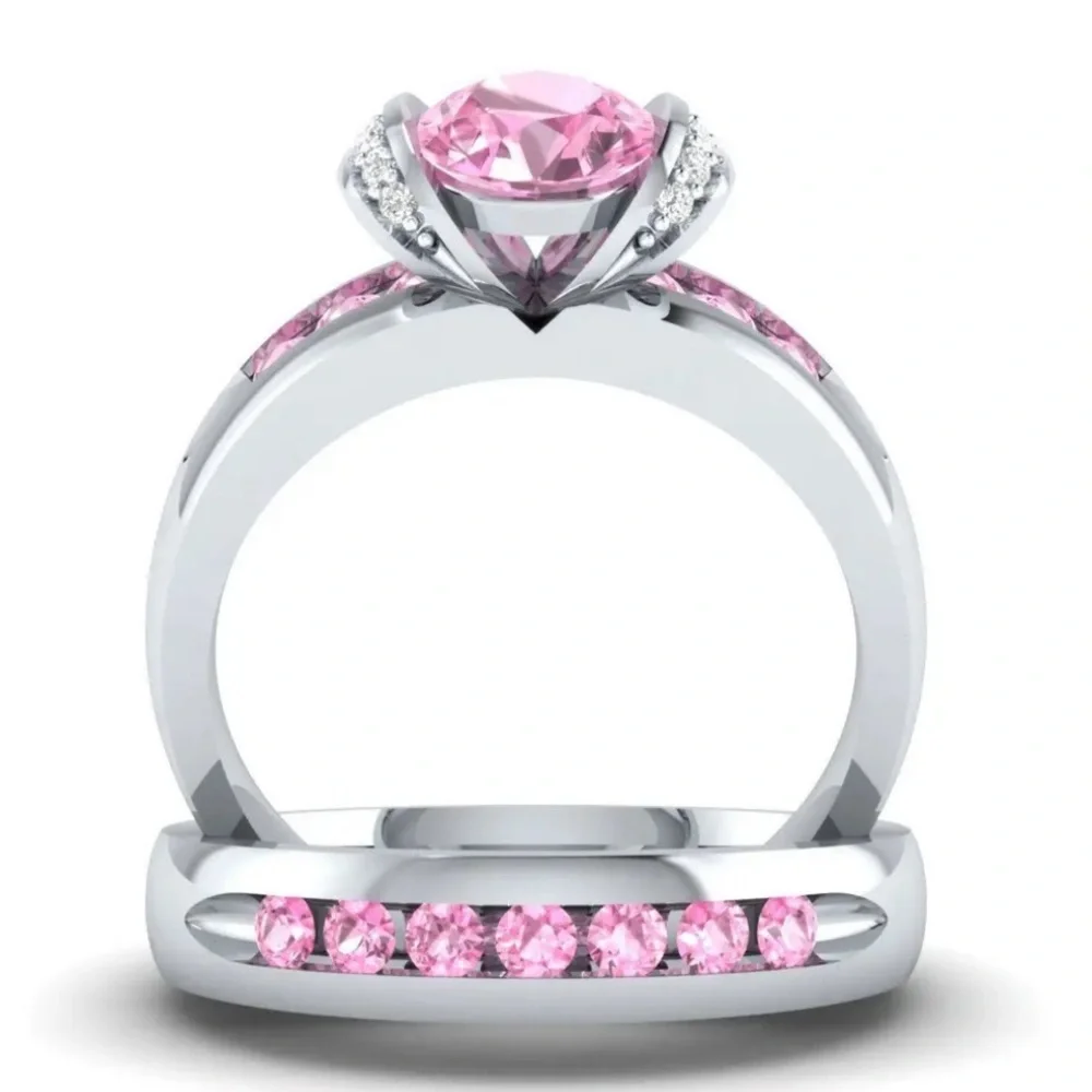 New Sterling Silver Pink & White Sapphires 2pc Ring Set